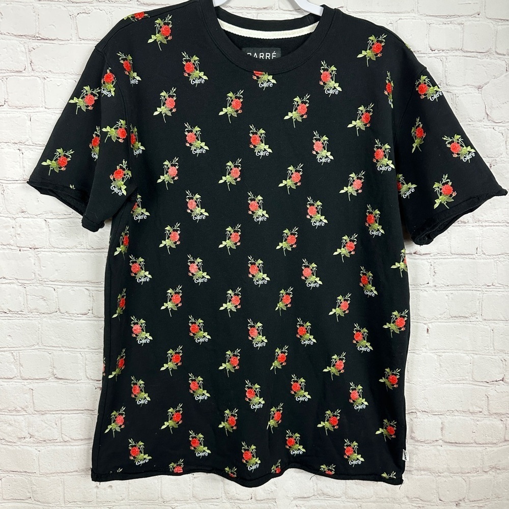 Carre Paris France Men's black short sleeve cotton shirt roses flowers, sz L EUC